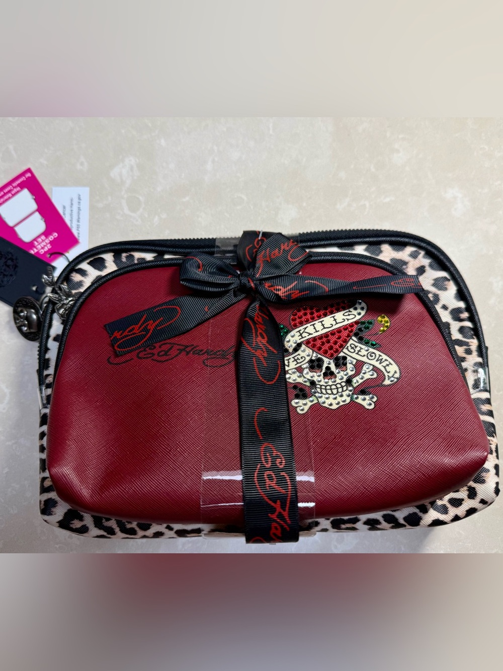 Ed Hardy Two Piece Cosmetic Bag Set -bold red & leopard design, skull, heart NWT - Picture 11 of 11